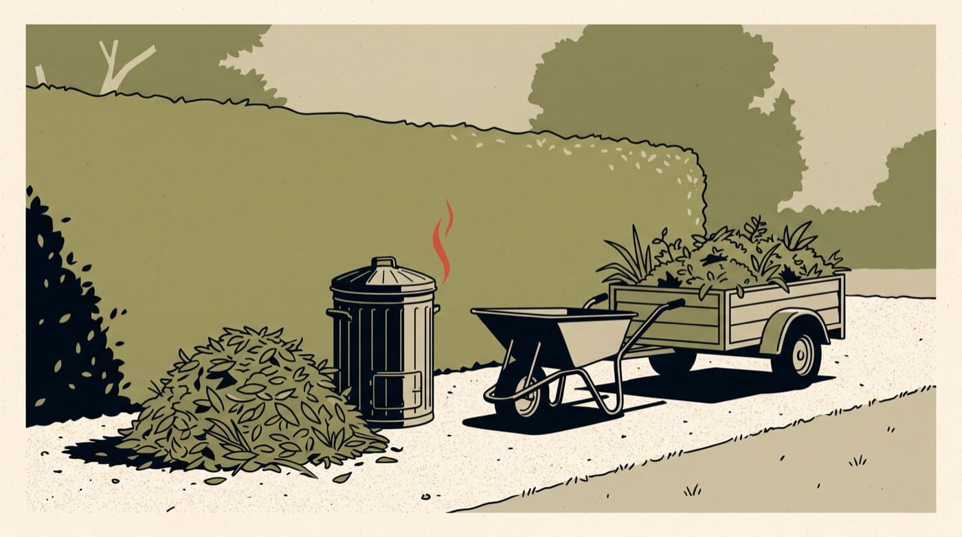 Illustration d'un tas de déchets verts de jardin à côté d'une remorque, suggérant l'évacuation en déchetterie