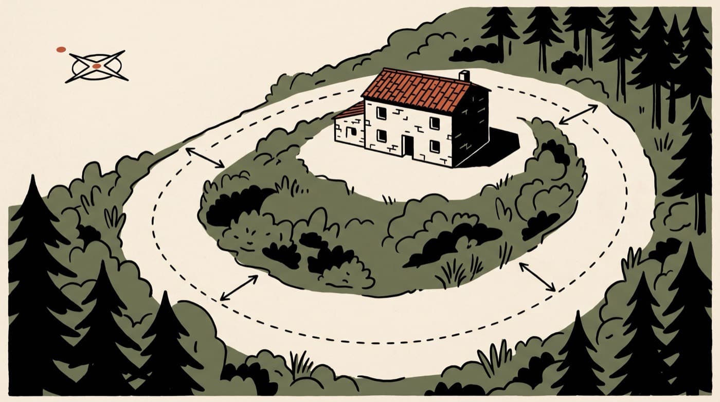 Illustration d'une maison entourée d'une bande débroussaillée séparant l'habitation de la végétation dense