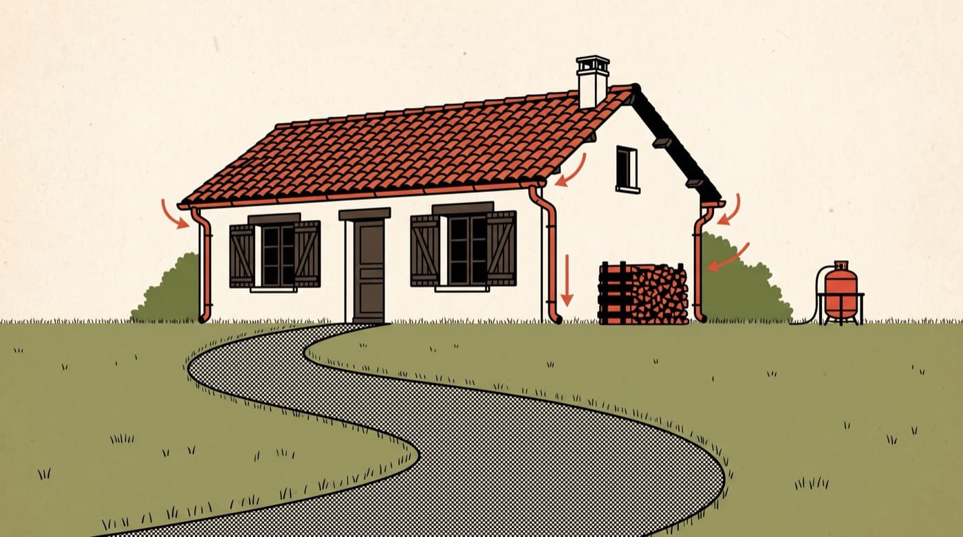 Illustration d'une maison préparée contre le feu, gouttières dégagées et bois de chauffage éloigné des murs