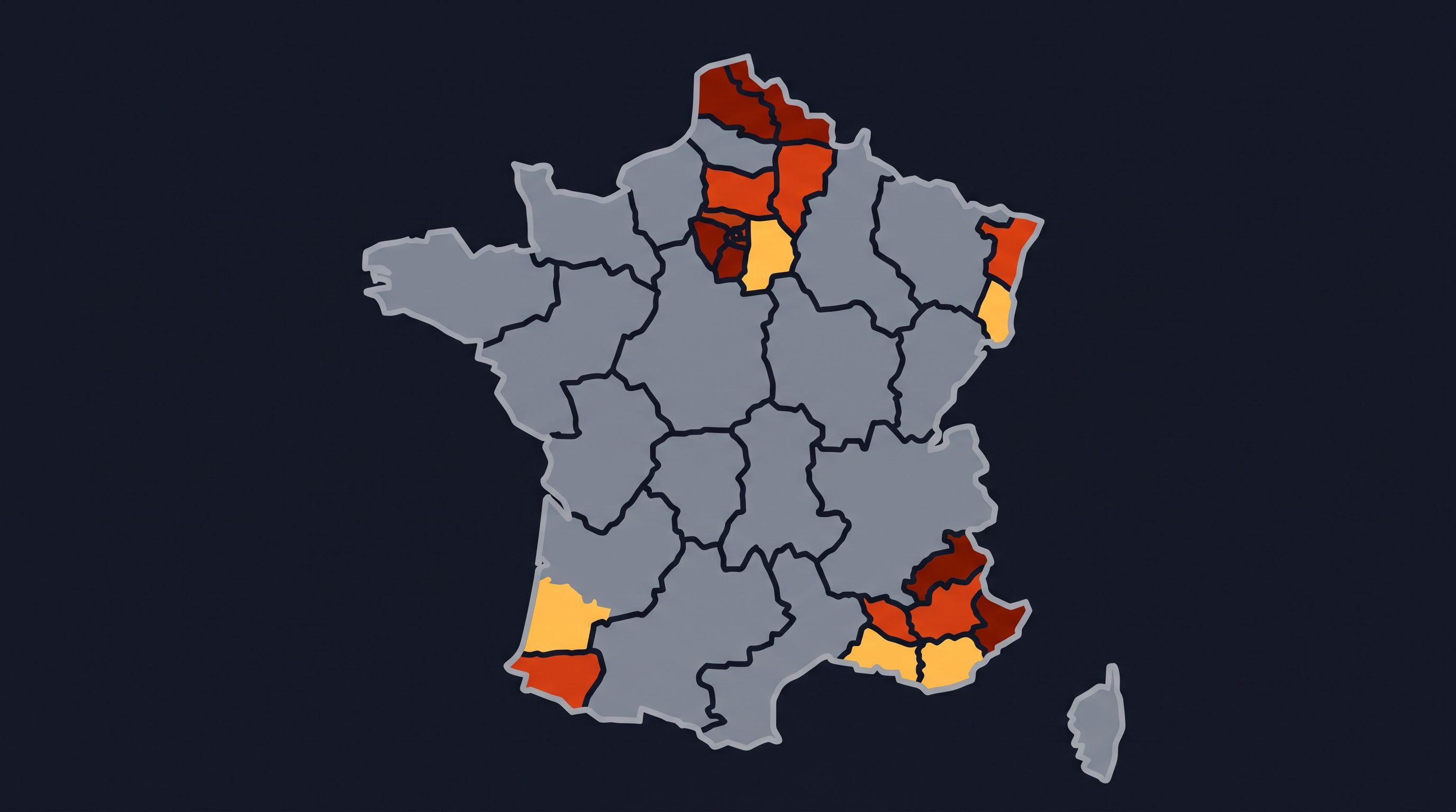 Illustration d'une carte de France divisée en régions selon quatre niveaux de danger