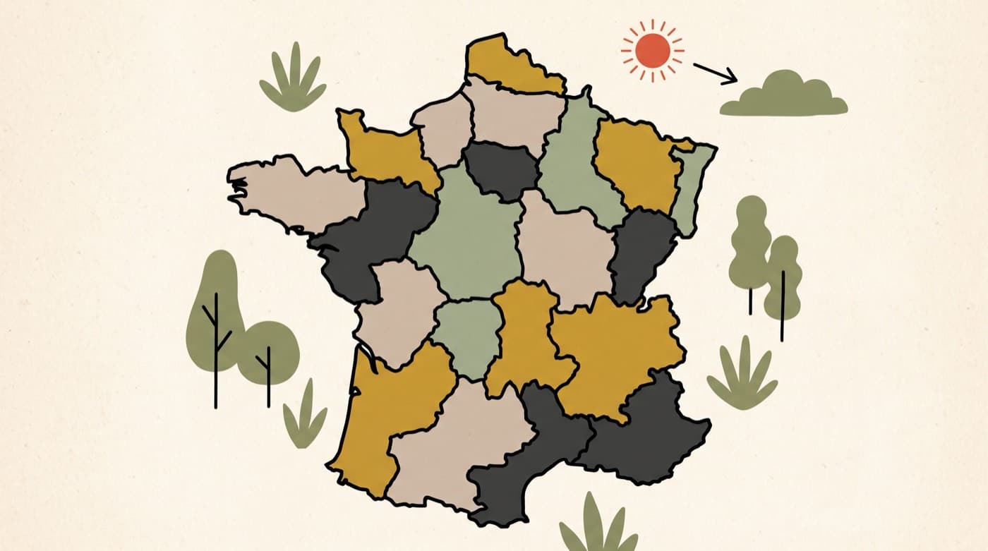 Illustration d'une carte de France divisée en régions selon quatre niveaux de danger