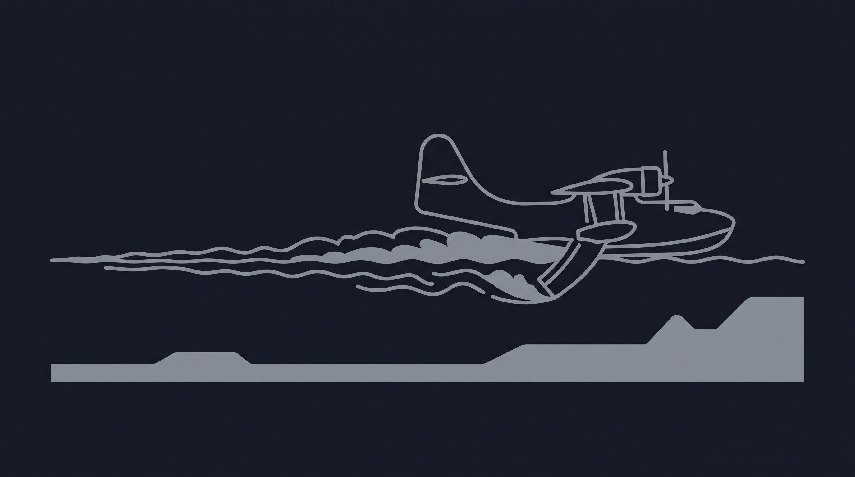 Schéma d'un écopage : un avion amphibie effleure un plan d'eau, écopes sorties.